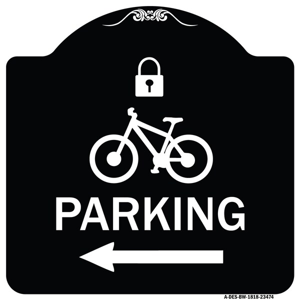 Signmission Parking W/ Lock Cycle & Left Arrow Heavy-Gauge Aluminum Architectural Sign, 18" x 18", BW-1818-23474 A-DES-BW-1818-23474 - main